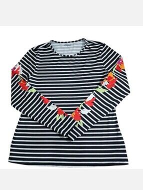 Lands End Black And White Stripe Rashguard Swim Shirt M 10-12